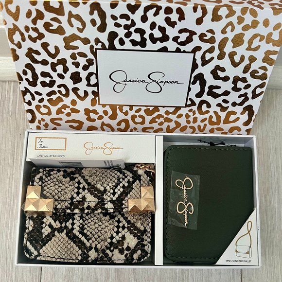 JESSICA SIMPSON Natural Python Flap Credit Card Key & Card Case 2 pc SET - Picture 1 of 10